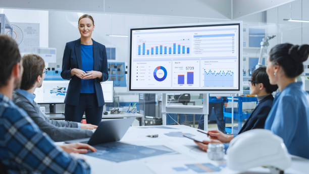 Female Engineer Uses Interactive Whiteboard, Makes Report of Digital Marketing to a Group of Managers Talks and Shows Statistics, Growth and Analysis Information
