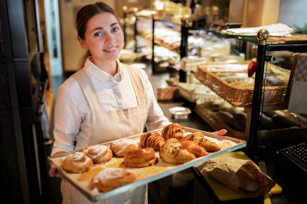 Bakery worker in an apron holding a tray of Artisan Food Produce