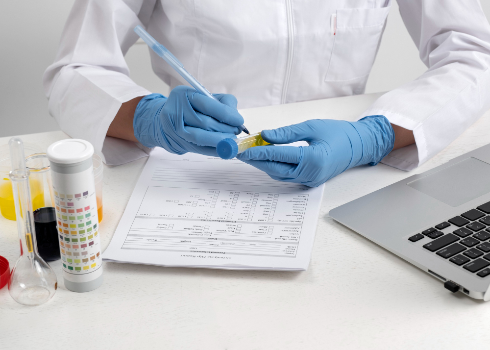 Laboratory technician analyzing allergen test results and documenting compliance with food allergen labeling regulations