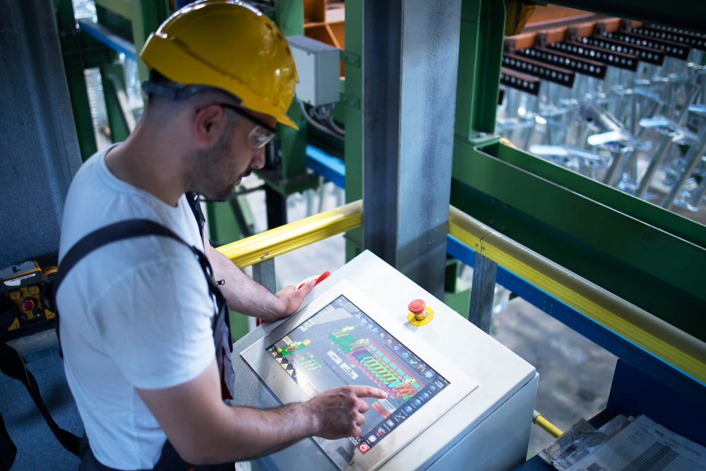 A worker in a hard hat operates a touchscreen control panel in a factory setting, with lean machining visible in the background