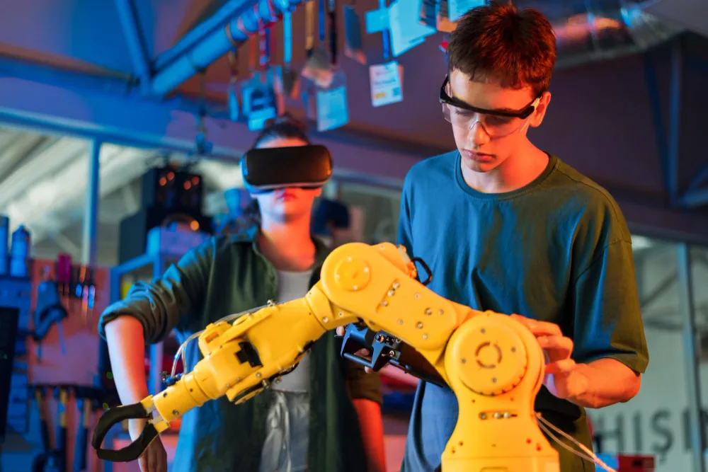 Two young engineers working with a yellow robotic arm in a smart factory lab, showcasing robotics in manufacturing and human-robot collaboration for smart factory automation