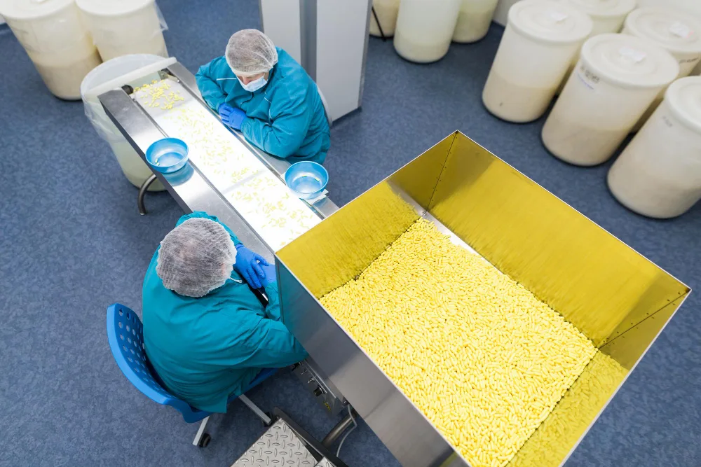 Technicians inspecting on an automated production line in a food manufacturing facility, showcasing smart food production and digital transformation in the food industry