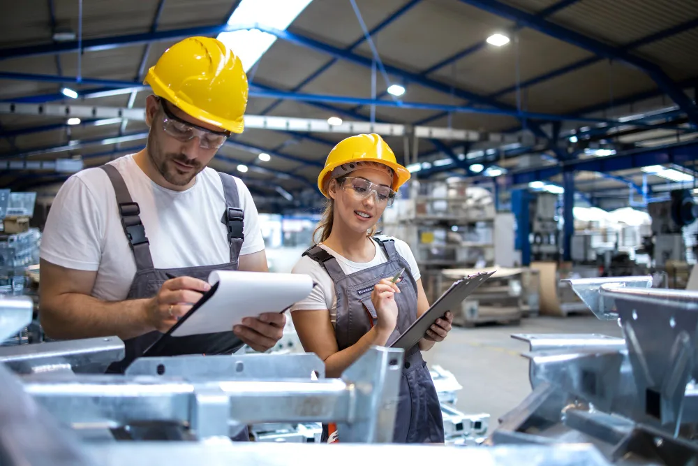 Two factory workers in safety gear reviewing production data on clipboards during a process audit in a modern manufacturing facility—illustrating teamwork and continuous improvement central to Kaizen in manufacturing