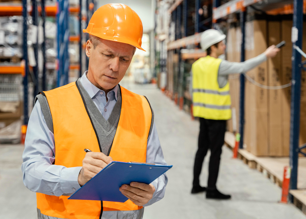Warehouse managers performing equipment and inventory checks as part of AI-driven predictive maintenance in manufacturing