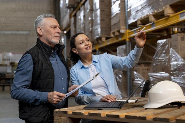 Professionals discussing logistics strategy in warehouse for supply chain management